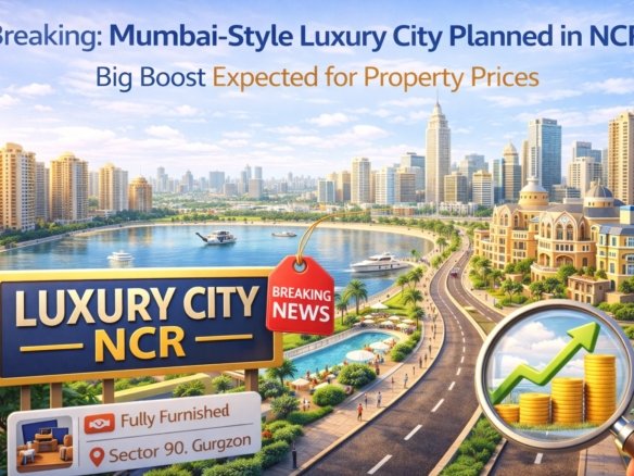 Mumbai-style luxury city planned in NCR showing modern skyline, waterfront development, premium apartments, wide roads, and rising property prices in Gurugram