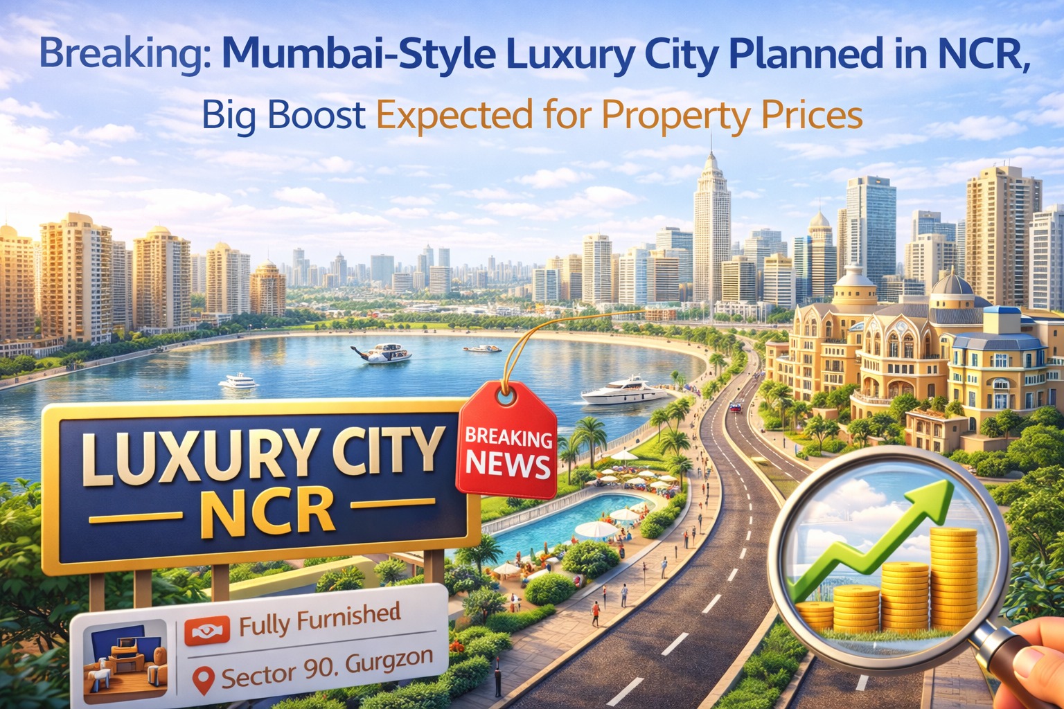 Mumbai-style luxury city planned in NCR showing modern skyline, waterfront development, premium apartments, wide roads, and rising property prices in Gurugram