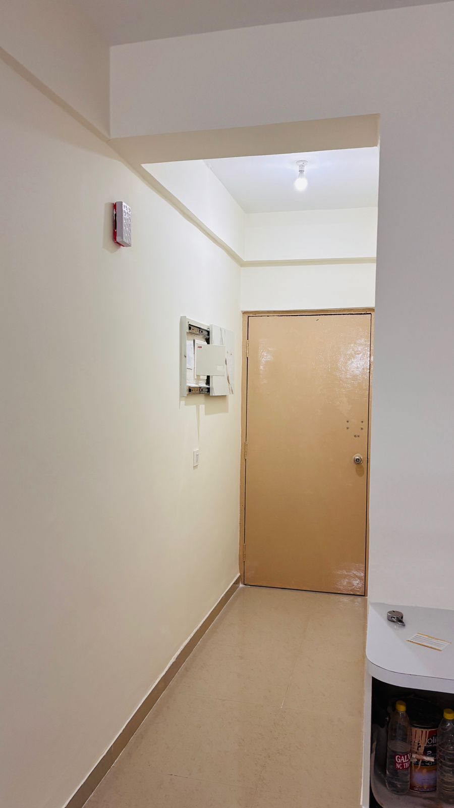 Narrow hallway with a closed door