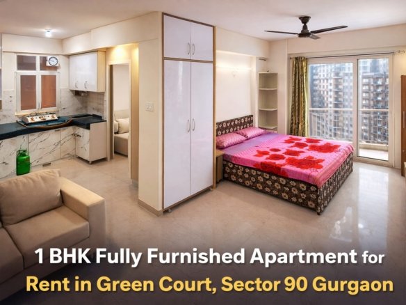 1 BHK fully furnished apartment for rent in Green Court Sector 90 Gurgaon with modern interiors, balcony view and compact living space”