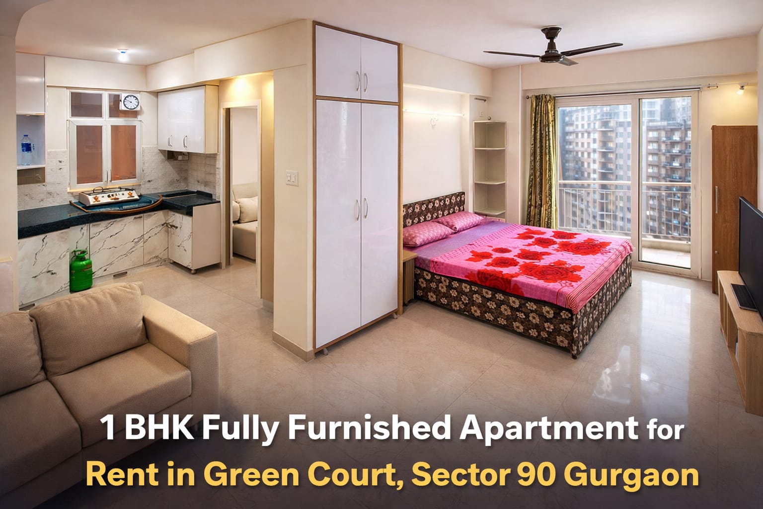 1 BHK fully furnished apartment for rent in Green Court Sector 90 Gurgaon with modern interiors, balcony view and compact living space”