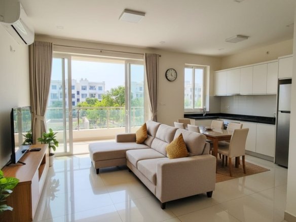 Fully furnished 2 BHK apartment living room with balcony and modular kitchen in Green Court Sector 90 Gurgaon