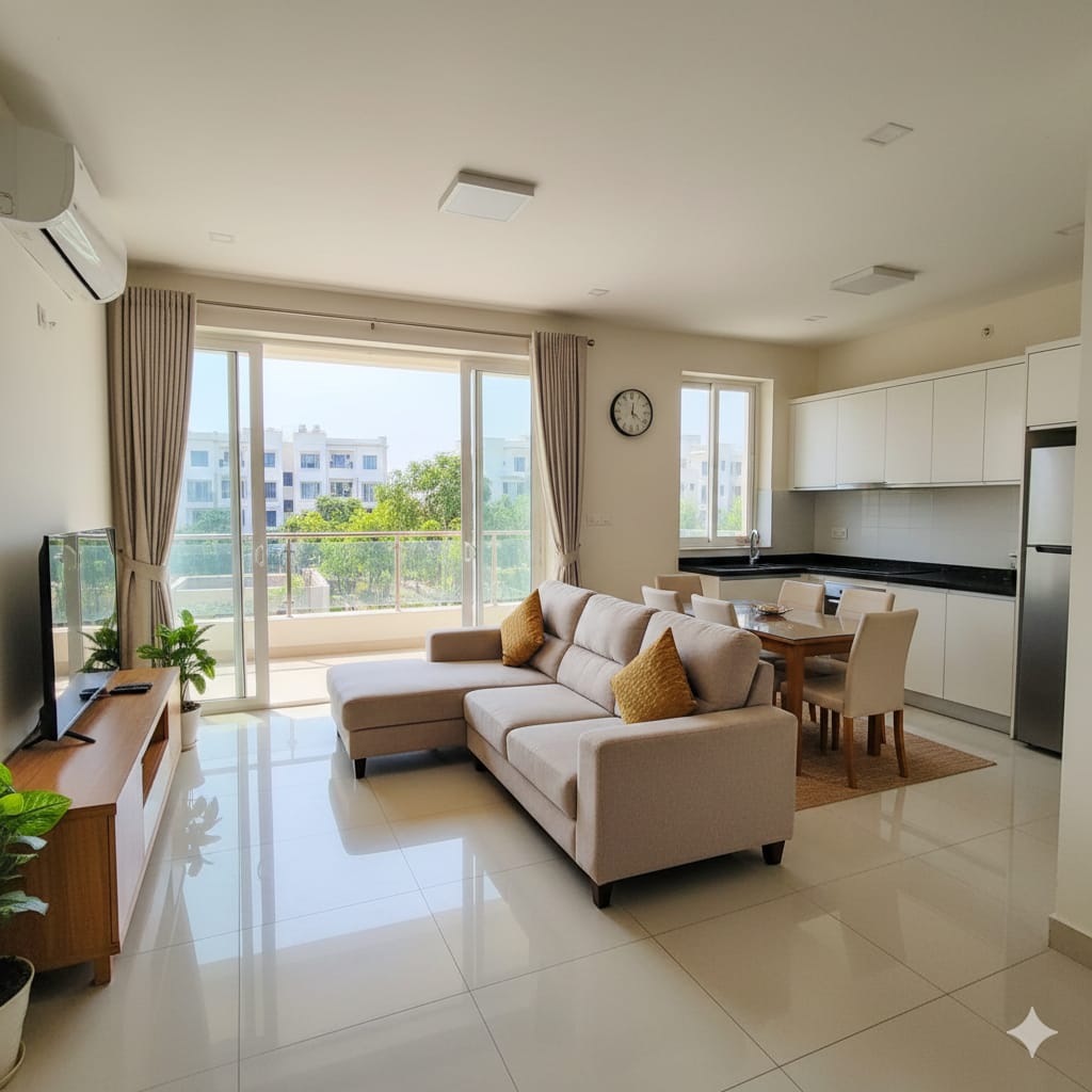 Fully furnished 2 BHK apartment living room with balcony and modular kitchen in Green Court Sector 90 Gurgaon