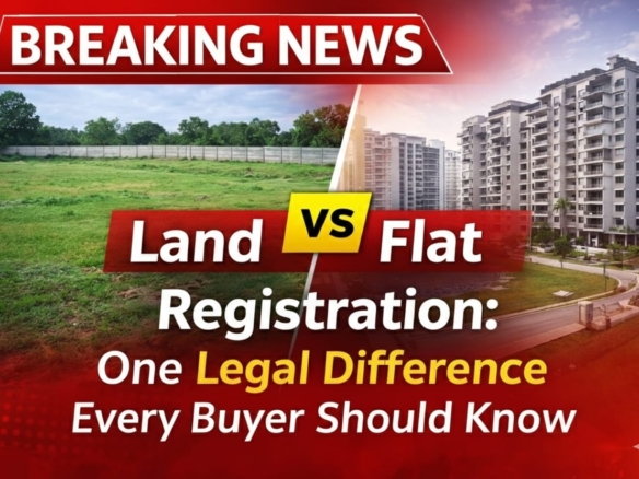 Land vs Flat Registration comparison showing open plot and apartment buildings, highlighting the key legal ownership difference every property buyer should know in India