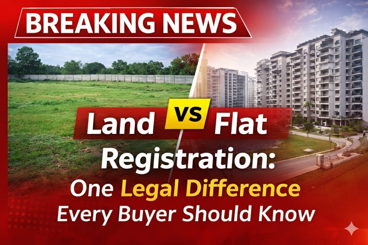 Land vs Flat Registration comparison showing open plot and apartment buildings, highlighting the key legal ownership difference every property buyer should know in India