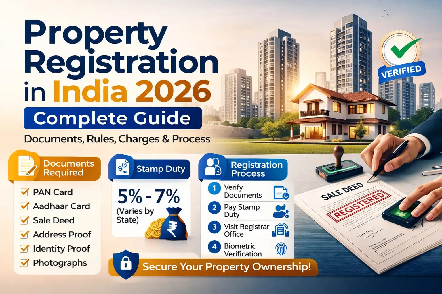 Property registration guide 2026 India covering documents required, stamp duty 5 to 7 percent, charges and process