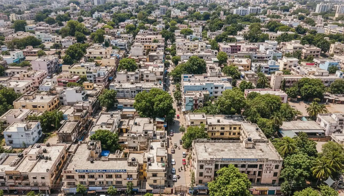 Aerial view of Shastri Nagar Meerut showing established residential colonies, tree-lined streets, and developed urban infrastructure