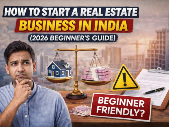 How to Start a Real Estate Business in India 2026 Beginner’s Guide thumbnail showing a man thinking, house model with balance scale, and beginner friendly label