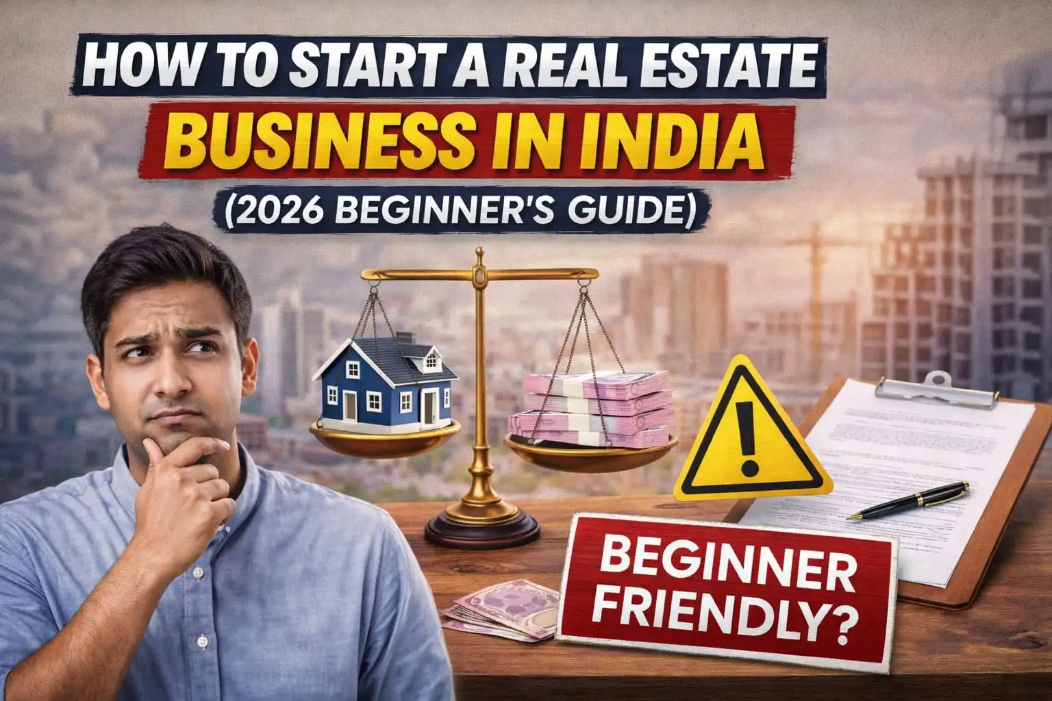 How to Start a Real Estate Business in India 2026 Beginner’s Guide thumbnail showing a man thinking, house model with balance scale, and beginner friendly label
