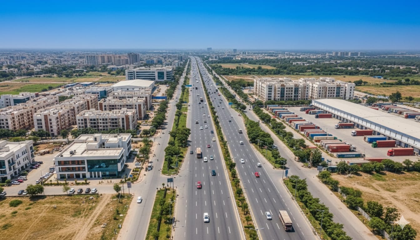 Meerut Bypass highway aerial view showing wide road connectivity, commercial buildings, and developing real estate corridor in Meerut