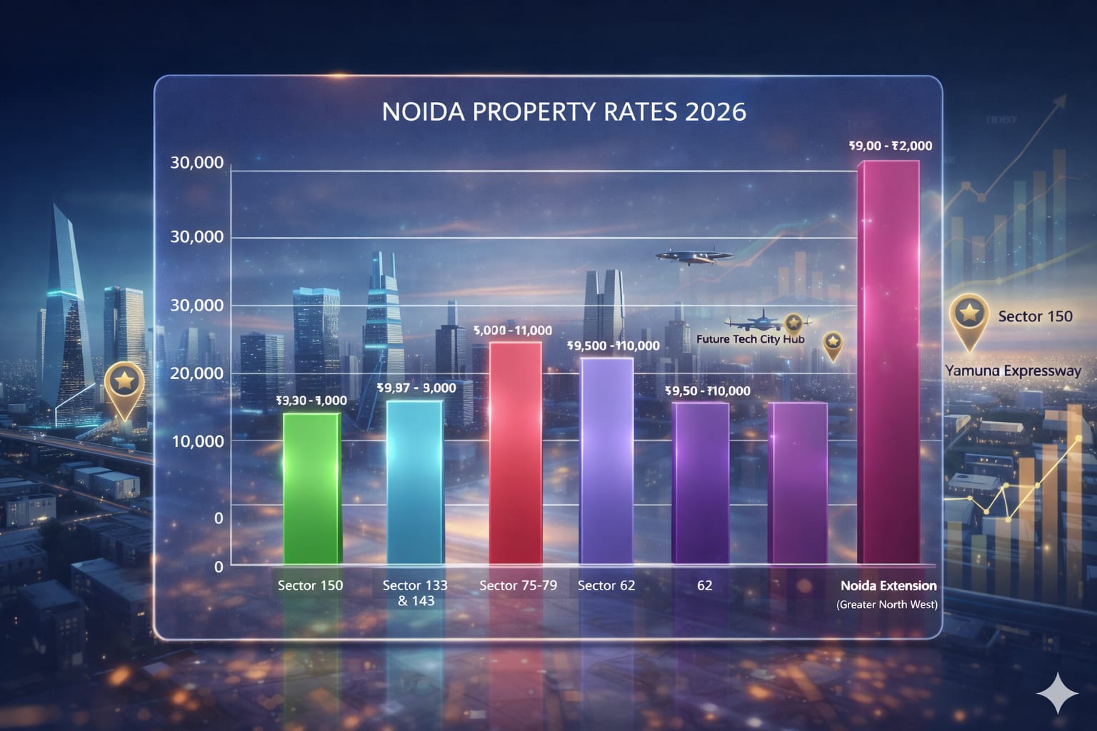 Noida property rates 2026 comparison showing sector-wise price trends in Sector 150, Sector 75-79, Sector 62, Sector 133-143, and Noida Extension with future growth forecast
