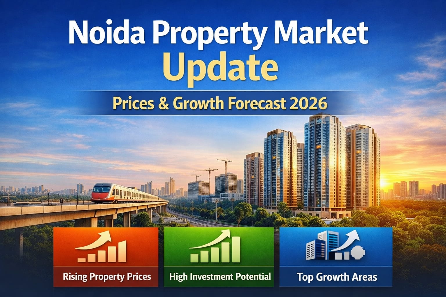 “Noida property market update 2026 showing rising property prices, metro connectivity, high-rise residential projects, and growth forecast with strong investment potential across key Noida sectors.”