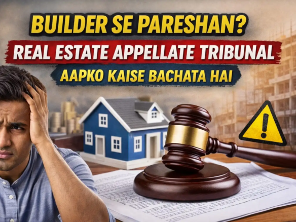 Frustrated homebuyer with house model and judge gavel representing Real Estate Appellate Tribunal protection against builder disputes in India.”