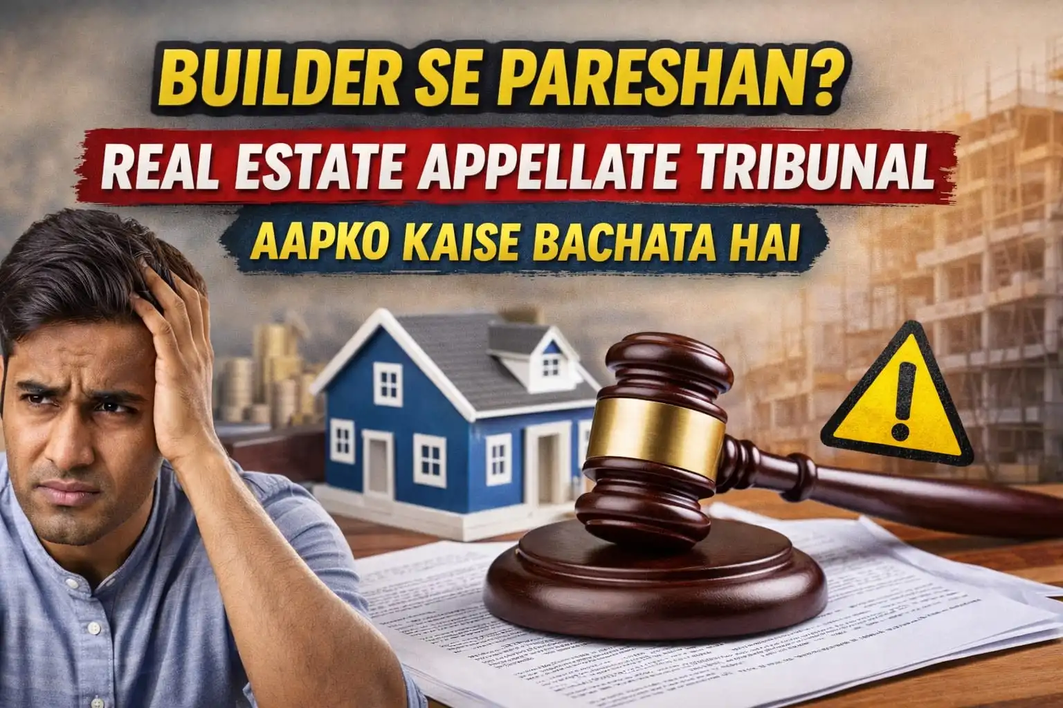 Frustrated homebuyer with house model and judge gavel representing Real Estate Appellate Tribunal protection against builder disputes in India.”