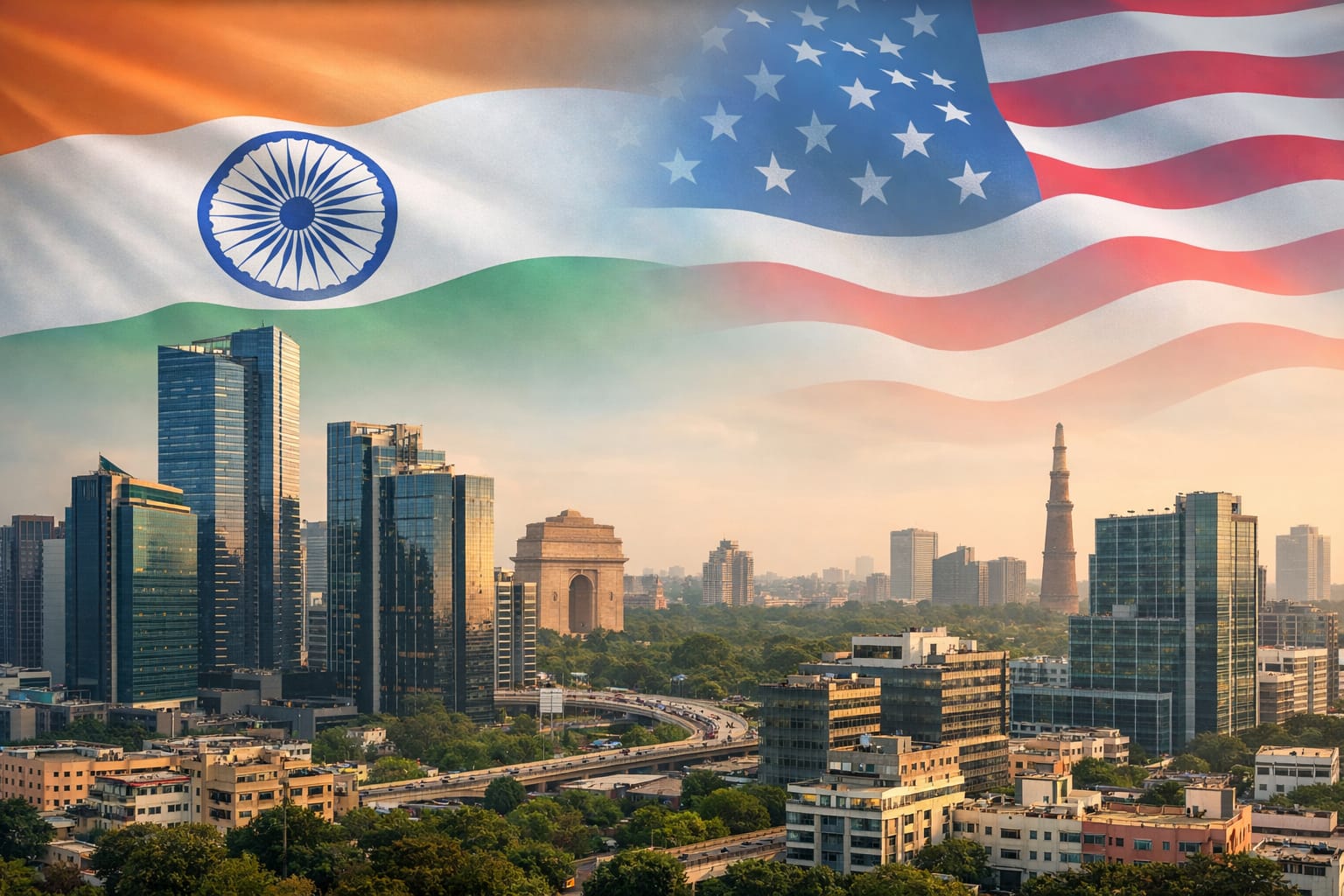 India–US trade relations symbolised through Indian and US flags over a modern Indian city skyline, highlighting the potential impact on India’s real estate market