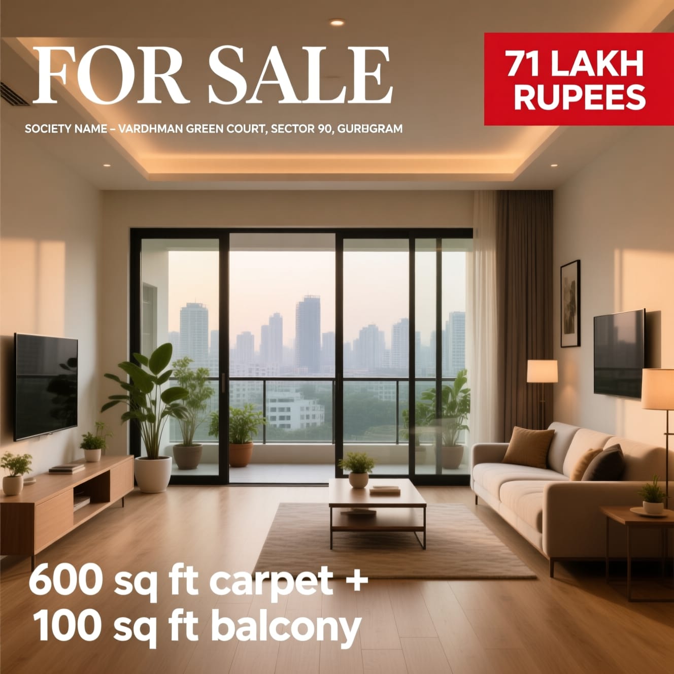 2 BHK flat for sale in Vardhman Green Court Sector 90 Gurgaon — 600 sq ft carpet area 100 sq ft balcony 71 Lakh