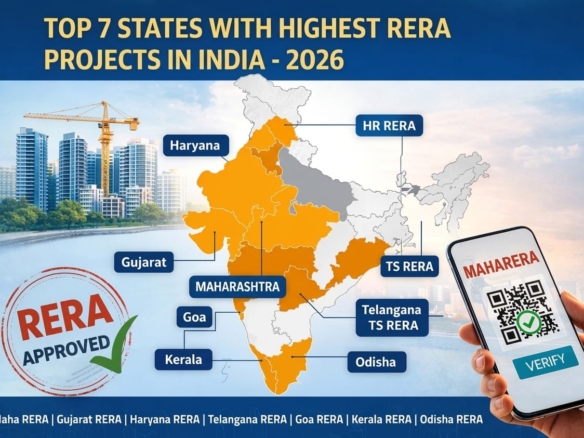 Top states with highest RERA projects in India including Maha RERA project search, Gujarat RERA project details, Telangana RERA and Haryana RERA 2026