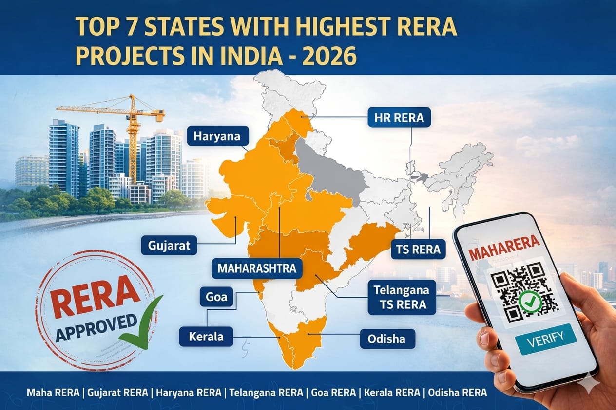 Top states with highest RERA projects in India including Maha RERA project search, Gujarat RERA project details, Telangana RERA and Haryana RERA 2026