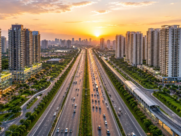 Dwarka Expressway 2026 route map corridor showcasing connectivity, high-rise residential projects and property growth